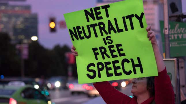 A pro-net neutrality protester outside a Federal Building in Los Angeles, California, in November 2017.