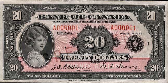 The 1935 $20 banknote featuring an 8-year-old Elizabeth.