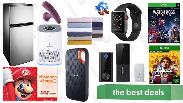 Image for article titled Monday&#39;s Best Deals: Refurbished Apple Watch, Watch Dogs: Legion, Nintendo eShop Gift Cards, $3 Bath Towels, Insignia Mini Fridge, Lora DiCarlo Vibes, and More