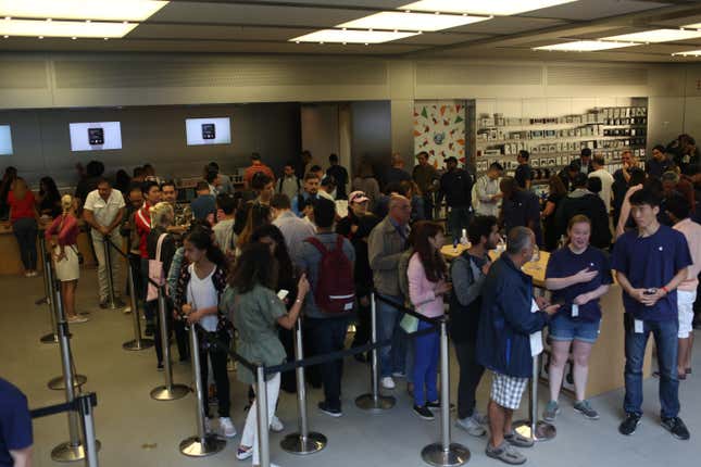 The majority of people with reservations waiting early on iPhone 7 launch day at the Fifth Avenue Apple store.