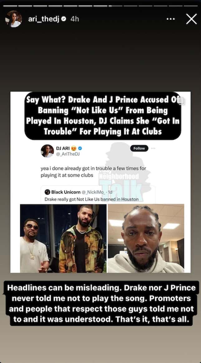 Image for article titled Did Drake Shadow Ban ‘Not Like Us’ From Being Played in Houston? Here&#39;s What We Know