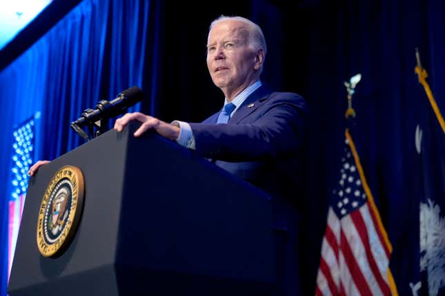 FILE - President Joe Biden speaks at South Carolina&#39;s First in the Nation dinner at the South Carolina State Fairgrounds in Columbia, S.C., Jan. 27, 2024. The Biden administration will start implementing a new requirement that the developers of major artificial intelligence systems disclose their safety test results to the government. (AP Photo/Jacquelyn Martin, File)