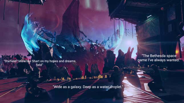 Starfield Shattered Space with characters speaking the words of Steam reviews.