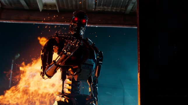 A terminator stands in a doorway. 