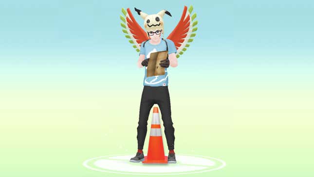 A POGO avatar with his legs either side of a traffic cone.