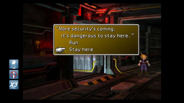 A dialog box allows the character to stay and fight or run.