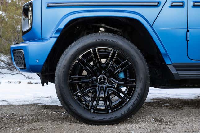Front wheel of a blue 2025 Mercedes-Benz G580 EV