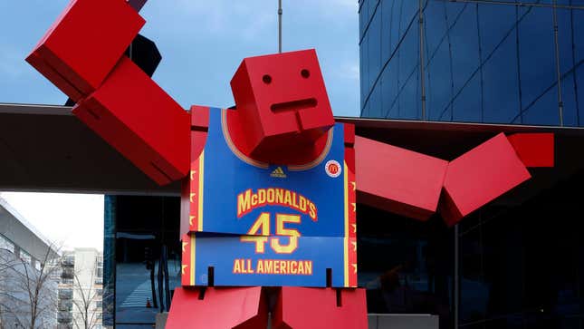 A robot sculpture with a McDonald's jersey