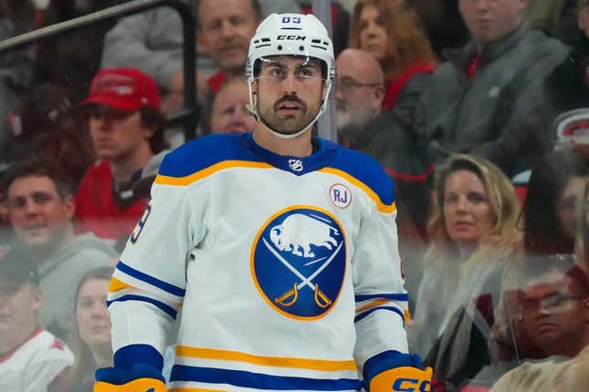 November 7, 2023;  Raleigh, North Carolina, USA;  Buffalo Sabers right wing Alex Tuch (89) looks on against the Carolina Hurricanes during the third period at PNC Arena.