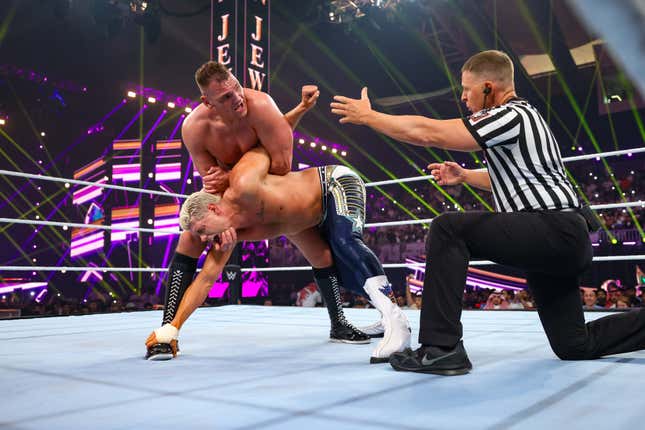 GUNTHER returns with a submission hold on Cody Rhodes during Crown Jewel at Mohammed Abdo Arena on November 2, 2024 in Riyadh, Saudi Arabia. 