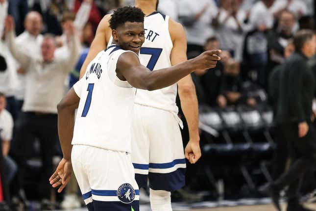 Apr 23, 2023; Minneapolis, Minnesota, USA; Minnesota Timberwolves guard Anthony Edwards (1) reacts to his shot against the Denver Nuggets during overtime of game four of the 2023 NBA Playoffs at Target Center.