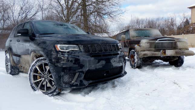 Image for article titled Towing An Old Jeep Through An Ice Storm With A 707 HP Jeep Grand Cherokee Trackhawk Was Truly Terrifying