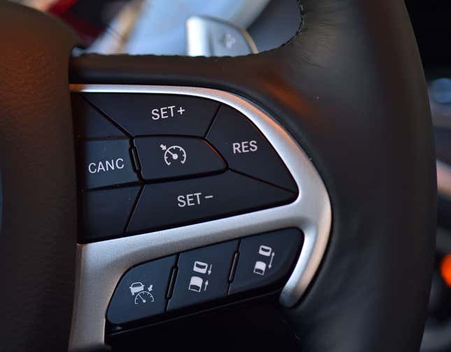 Steering wheel mounted adaptive cruise controls on the 2017 Dodge Charger all-wheel-drive are seen on Sunday, April 09, 2017.