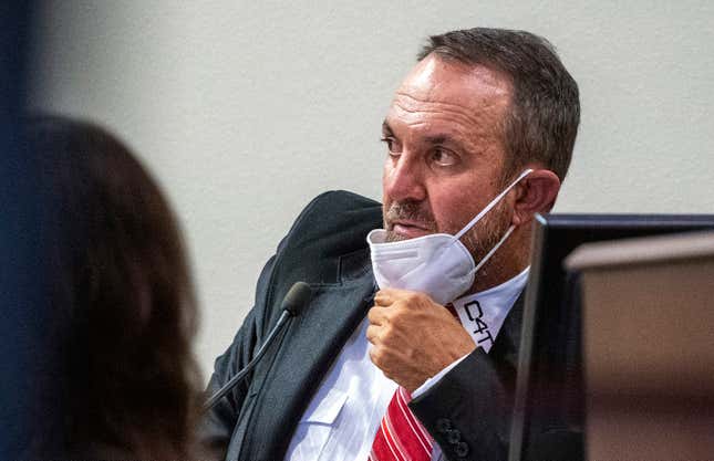 Otero County Commissioner Couy Griffin was called to testify by the plaintiff’s attorneys in a law suit to have him removed from office because of his involvement in the January 6, 2020 riot at the U.S. Capitol. Griffin’s civil trial is going on in First District Court in Santa Fe, N.M., Monday Aug. 15, 2022. 