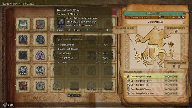 The Large Monster Field Guide screen, showing Gore Magala’s different material drops.