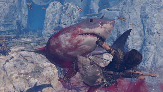 A shark from Assassin's Creed Odyssey munches the game's protagonist (presumably) to death.