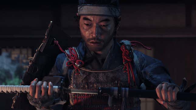 Jin Sakai unsheathes a katana in Ghost of Tsushima.