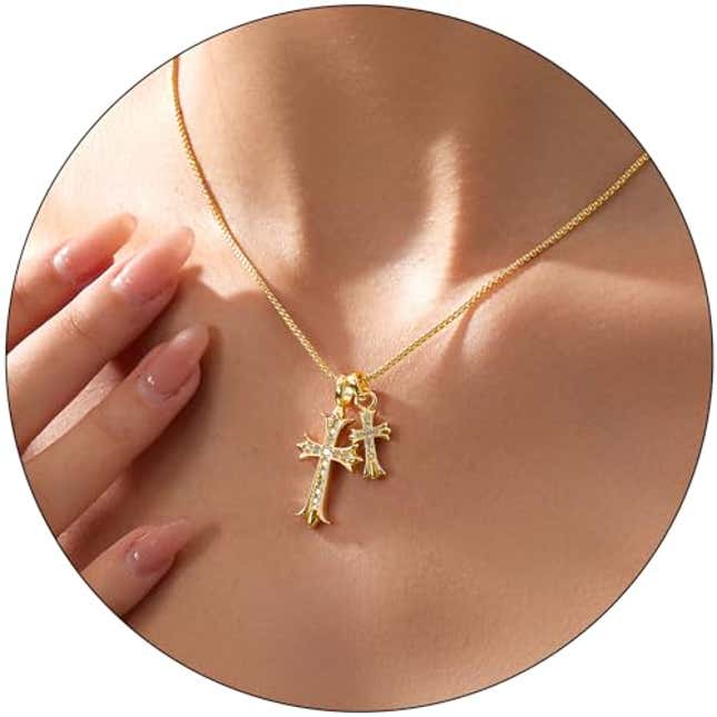 Image for article titled Partm Double Cross Necklace for Women Dainty Cross Pendant Choker 14K Gold Plated Trendy CZ Diamond Cross Charm Necklace Hypoallergenic Delicate Faith Jewelry Religious Gifts for Women, Now 23% Off