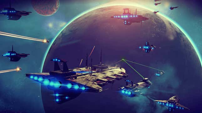 Frigates and spaceships engage in space combat above a planet's stratosphere in No Man's Sky.