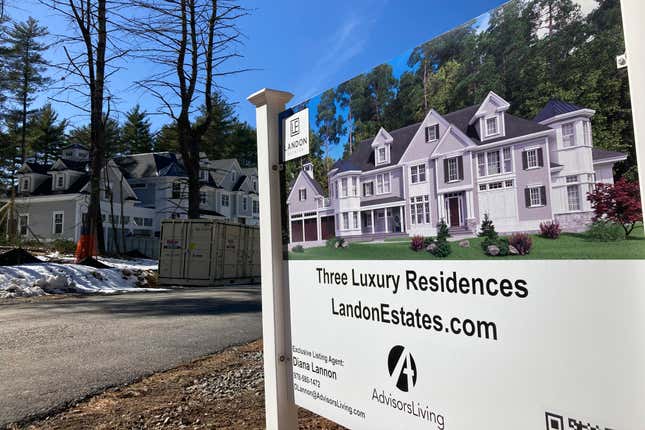 File - A sign announces newly built homes in Sudbury, Ma., on March 12, 2023. On Thursday, Freddie Mac reports on this week&#39;s average U.S. mortgage rates. (AP Photo/Peter Morgan, File)