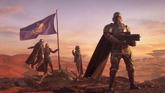 Helldivers raise a flag on an alien planet.