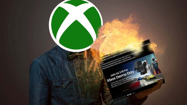 An image shows a man with an Xbox logo head holding a tweet and a ball of fire. 