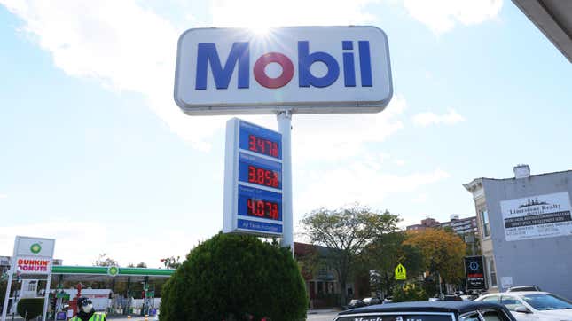 Gas prices are seen at a Mobil gas station on Coney Island Avenue on October 19, 2022 in the Flatbush neighborhood of Brooklyn borough in New York City. 