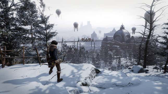 The protagaonist of Lies of P looks out a snowy environment.