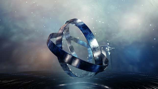 Metallic rings orbit one another in a mysterious temple.
