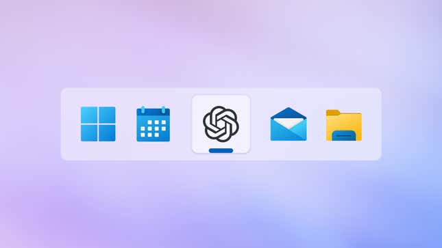 ChatGPT logo on a white app in between other Microsoft apps on a blue and purple blended background