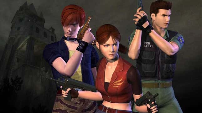 Claire and Chris Redfield stand with another guy, all holding guns