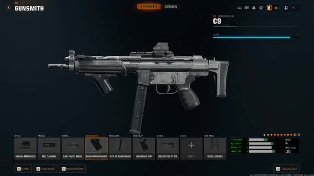 The attachments screen for the C9 10MM in Black Ops 6