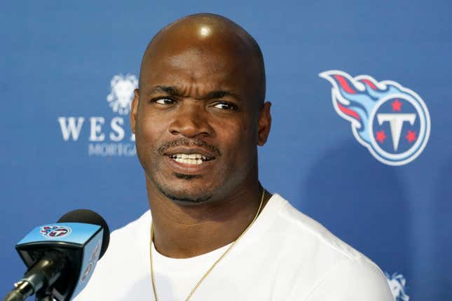 Tennessee Titans running back Adrian Peterson answers questions after an NFL football practice Friday, Nov. 5, 2021, in Nashville, Tenn. 