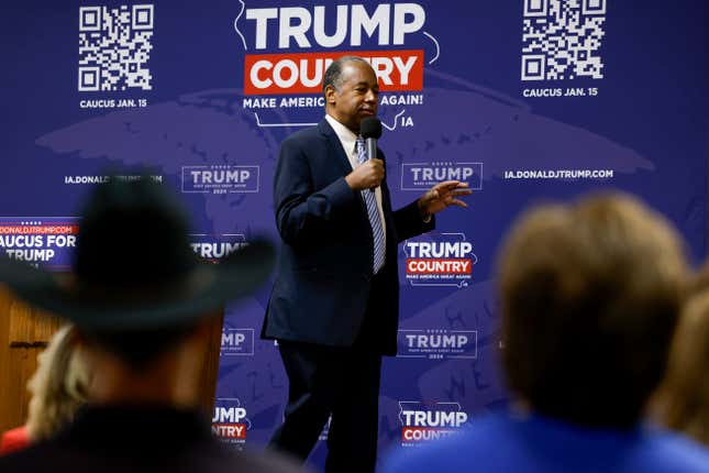MARION, IOWA - JANUARY 11: Former HUD Secretary Ben Carson campaigns for Republican presidential candidate former U.S. President Donald Trump at the Grace Baptist Church on January 11, 2024 in Marion, Iowa. Trump’s campaign team is hosting several events throughout Iowa, with surrogates speaking in his place as the former President attends the closing arguments in the Trump Organization civil fraud trial in New York.