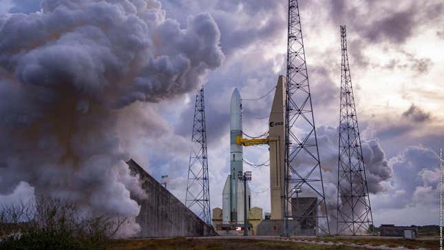 Ariane 6 fires its engines during a recent test. 