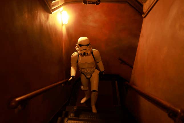 A stormtrooper navigates steps at Ubisoft’s Forward conference at The Belasco in Los Angeles.