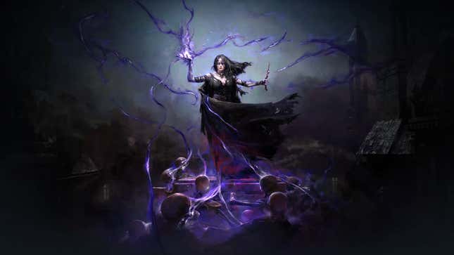 A witch holds energy in her hand in front of a gathering of undead.