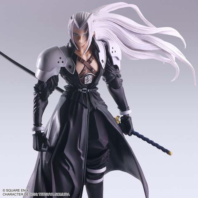 A photo shows a Final Fantasy VII character figure in action