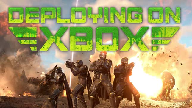 Helldivers fight below Xbox logos.