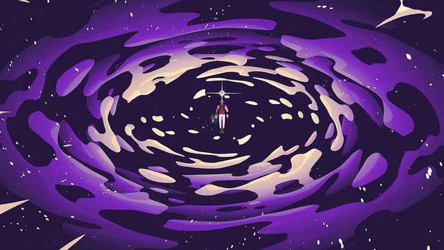 The Prince floats inside of a large purple space