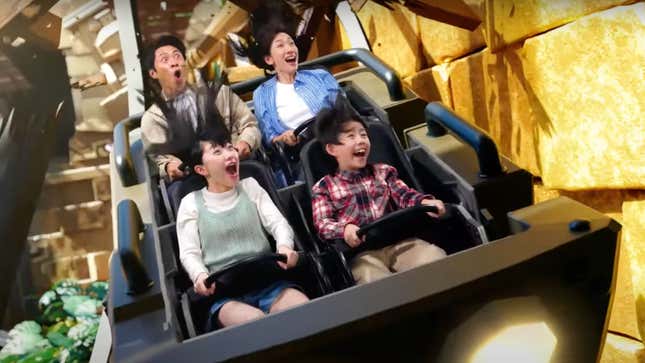 Universal Studios Japan guests on the Donkey Kong ride at Nintendo World