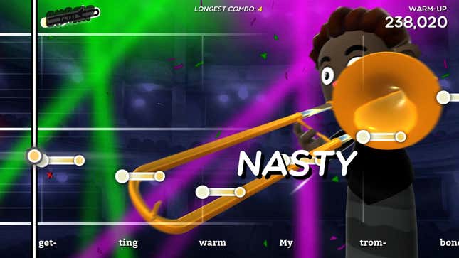 A trombone player scores "NASTY."