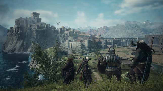 Heroes stand on a hill looking out over a large city on a cliff