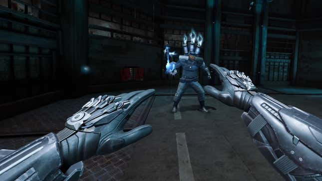 A very VR screenshot of hands reaching out towards a blue enemy who appears to have giant birthday cake candles on his back.