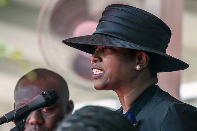 Martine Moïse speaks during the funeral for her husband, slain Haitian President Jovenel Moïse, on July 23, 2021, in Cap-Haitien, Haiti, the main city in his native northern region. - Moïse, 53, was shot dead in his home in the early hours of July 7. 