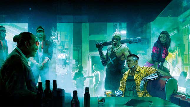 Two Cyberpunk 2077 characters sit across from a bar with two people hovering behind the person on the right in a yellow jacket.