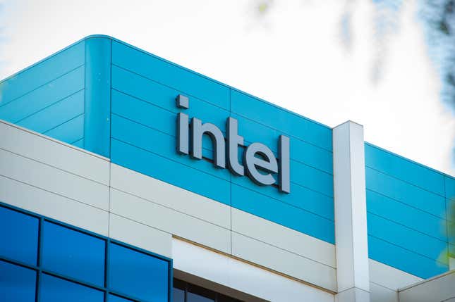 Intel signage on a blue and white building