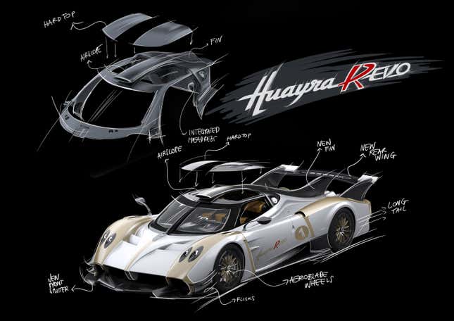 Illustration of a white and gold Pagani Huayra R Evo's design details