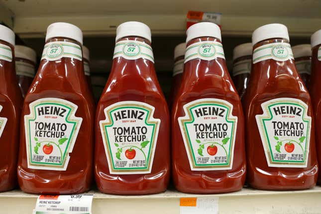 Heinz ketchup bottles on a store shelf