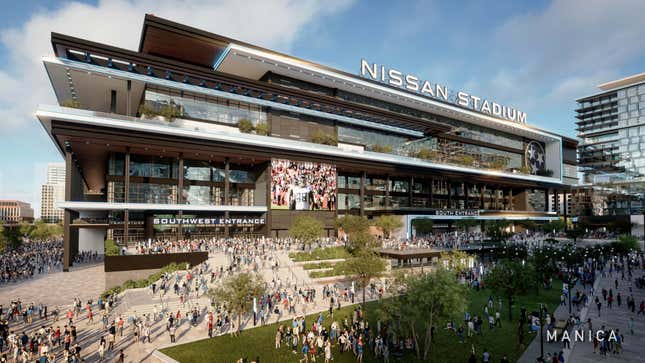 This computer rendering provided by the Tennessee Titans, shows the southwest entrance to their proposed new NFL football stadium in Nashville, Tenn. The Titans will be moving to a new stadium for the 2027 season, and they&#39;re taking the current name with them under a new 20-year naming rights deal with Nissan North America, the team announced Friday, Nov. 17, 2023. (Manica/Tennessee Titans via AP)